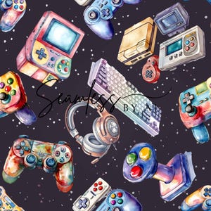 Könnte beinhalten: Aquarell-Illustration verschiedener Gaming-Geräte, darunter Controller, eine Tastatur und eine Handheld-Konsole, auf dunklem Hintergrund verstreut. Die Geräte weisen ein farbenfrohes, künstlerisches Design mit Retro-Ästhetik auf und wecken Nostalgie.