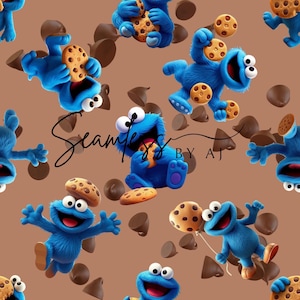 May include: A seamless pattern featuring a blue furry monster holding cookies on a brown background. The monster is in various poses, including holding a cookie, sitting, and standing. There are also chocolate chips scattered throughout the pattern.