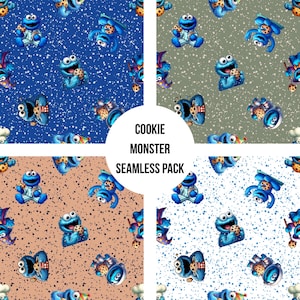 Könnte beinhalten: Ein nahtloses Musterpaket mit dem Cookie Monster-Charakter in vier verschiedenen Farbschemata. Jedes Muster zeigt das blaue Monster, das einen Keks hält, vor Hintergründen in Blau, Grün, Beige und Weiß mit gesprenkelten Texturen. Der Text "COOKIE MONSTER SEAMLESS PACK" ist ebenfalls enthalten.