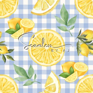 May include: Watercolor illustration of lemons and green leaves on a blue and white gingham pattern. The image includes whole lemons, lemon slices, and the text "Seamless BY AJ".