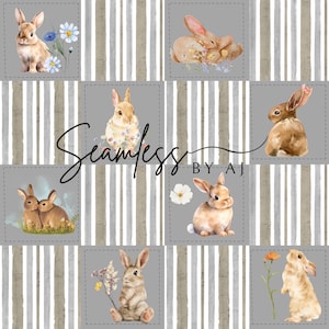 Könnte beinhalten: Ein sich wiederholendes Muster mit Aquarellillustrationen von Hasen in verschiedenen Posen, vor einem grau-weiß gestreiften Hintergrund. Der Text "Seamless by AJ" ist in der Mitte geschrieben. Die Hasen sind in Braun- und Beigetönen gehalten.