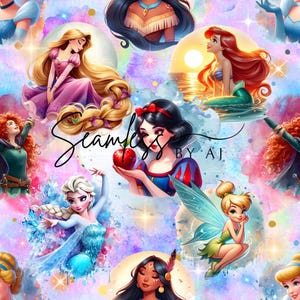 May include: A colorful seamless pattern featuring various cartoon princesses, including Rapunzel, Snow White, and Ariel. The design incorporates watercolor-style backgrounds with the text "Seamless BY AJ". The princesses are depicted in their iconic outfits.