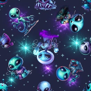 May include: A seamless pattern featuring various cartoon aliens in different poses and colors against a dark blue background with sparkling stars. The aliens are green, blue, and gray with large eyes and different facial expressions. Some aliens are holding objects, while others are flying or standing. The pattern is perfect for fabric, wallpaper, or other creative projects.