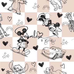 May include: A seamless pattern featuring cartoon characters like Mickey Mouse, Stitch, and Lightning McQueen, along with hearts, stars, and rainbows. The design is set against a checkered background in white and a light peach color. The word "Seamless" is written in cursive.