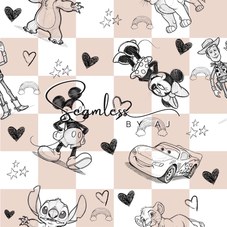 May include: A seamless pattern featuring cartoon characters like Mickey Mouse, Stitch, and Lightning McQueen, along with hearts, stars, and rainbows. The design is set against a checkered background in white and a light peach color. The word "Seamless" is written in cursive.