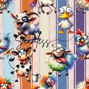 May include: Seamless pattern featuring cartoon farm animals, including a goat, cow, sheep, duck, and chicken, with colorful manes and expressions. The background has vertical stripes in shades of blue, orange, and purple. The text "Seamless" and "BY AJ" are visible.