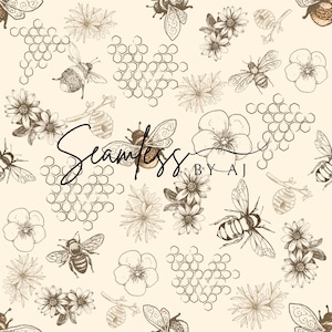 May include: A seamless pattern featuring bees, honeycombs, and flowers in a vintage style. The pattern is in shades of brown and beige on a cream background. The text "Seamless by AJ" is included in the pattern.