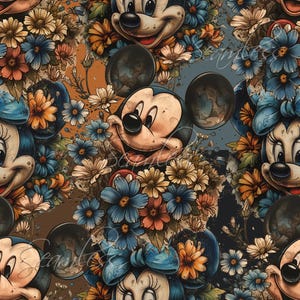 Op de afbeelding: Een naadloos patroon met cartoonmuisfiguren met grote oren en glimlachende gezichten. De personages worden omringd door kleurrijke bloemen in tinten blauw, geel, oranje en rood. De achtergrond is donkerblauw en bruin.