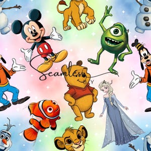 May include: A colorful seamless pattern featuring various cartoon characters, including Mickey Mouse, Winnie the Pooh, Simba, and Elsa. The background has a soft, pastel gradient with the word "Seamless" in cursive.