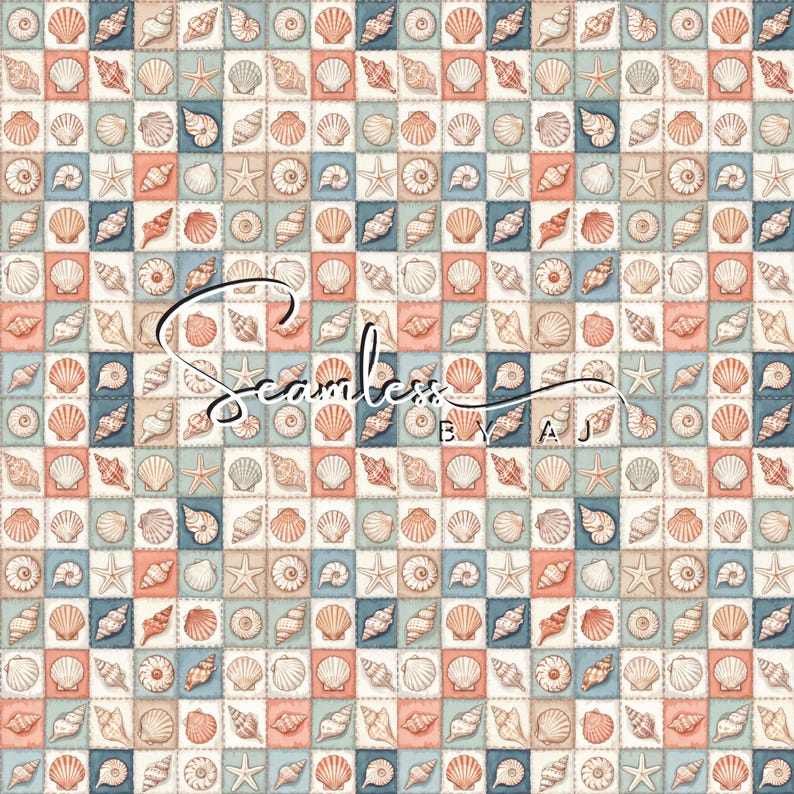 Puede incluir: Un patr&oacute;n repetido de conchas marinas y estrellas de mar en una cuadr&iacute;cula de cuadrados. Los cuadrados alternan entre azul claro, melocot&oacute;n y beige. El texto "Seamless BY A J" est&aacute; escrito en cursiva en el centro de la imagen.