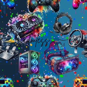 May include: A seamless pattern showcasing gaming equipment such as a VR headset, controllers, a graphics card, and a computer case. The design includes vibrant paint splatters and the word "Seamless" in a script font, set against a blue backdrop.