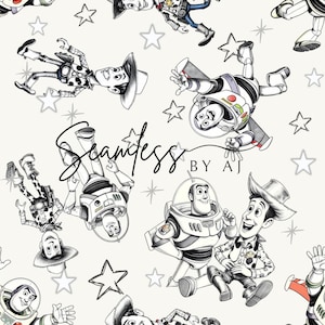 Peut inclure: Un motif sans couture représentant des illustrations en noir et blanc de personnages de jouets, dont Woody et Buzz l'Éclair, sur un fond blanc. Le motif comprend également de petites étoiles argentées.