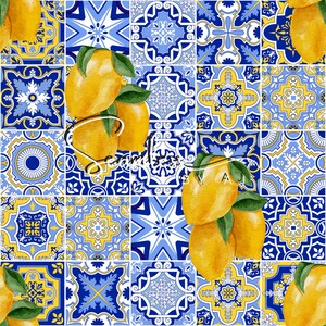 May include: A seamless pattern featuring yellow lemons with green leaves overlaid on a background of blue, white, and yellow decorative tiles. The tiles have intricate floral and geometric designs, creating a vibrant and artistic aesthetic.