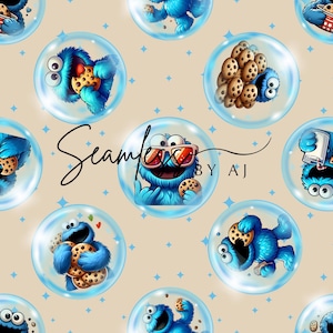 May include: Seamless pattern featuring the Cookie Monster in various poses, each enclosed in a bubble. The blue character is shown eating cookies, wearing sunglasses, and holding a cup. The background is a light tan color with blue star shapes and the text "Seamless by AJ".