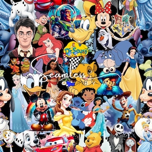 May include: A seamless pattern featuring a collage of cartoon characters, including Mickey Mouse, Harry Potter, and Disney princesses. The design incorporates a variety of colors and styles, with a black background.