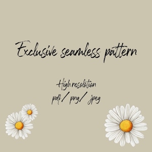 Può includere: Sfondo beige con il testo "Exclusive seamless pattern" in scrittura nera. Sono presenti anche le parole "High resolution" e i tipi di file. Le margherite ad acquerello con petali bianchi e centri gialli sono sparse.
