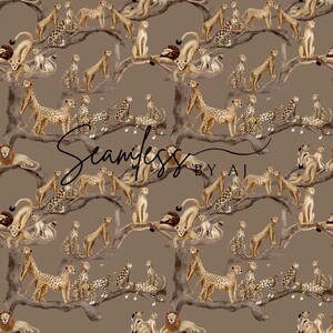 Peut inclure: Motif sans couture avec des illustrations &agrave; l'aquarelle de lions, de gu&eacute;pards et d'autres grands f&eacute;lins sur des branches d'arbres. Le motif comprend le texte "Seamless by AJ" sur un fond marron.
