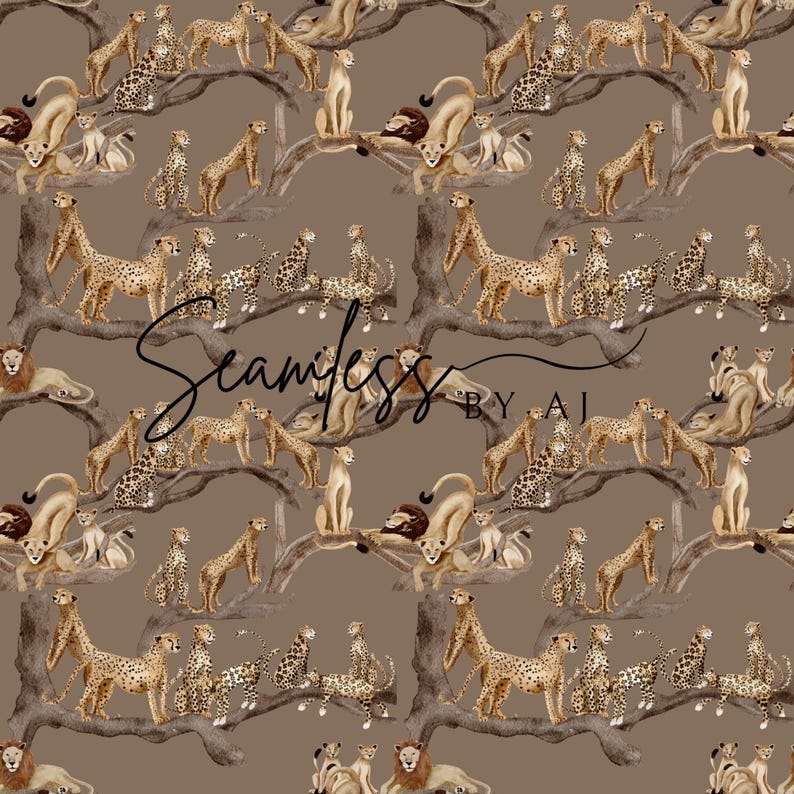 Peut inclure: Motif sans couture avec des illustrations &agrave; l'aquarelle de lions, de gu&eacute;pards et d'autres grands f&eacute;lins sur des branches d'arbres. Le motif comprend le texte "Seamless by AJ" sur un fond marron.