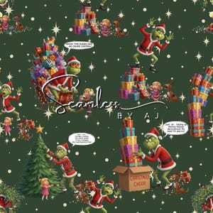 Puede incluir: Patrón navideño sin costuras con el Grinch con traje de Papá Noel, regalos, un árbol de Navidad y el texto "Christmas Cheer". El fondo es verde oscuro con estrellas y puntos blancos.