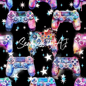 May include: Seamless pattern featuring colorful watercolor-style game controllers in shades of blue, pink, purple, and orange. The controllers are set against a black background with white and blue star accents. The text "Seamless by AJ" is also present.