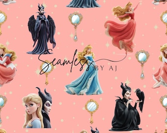 Prinzessin und Hexe Seamless Fabric: Sublimationsdesign (Digitaler Download