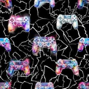 Pode incluir: Um padrão sem emendas com controladores de videogame coloridos e abstratos em estilo aquarela sobre um fundo preto rachado.