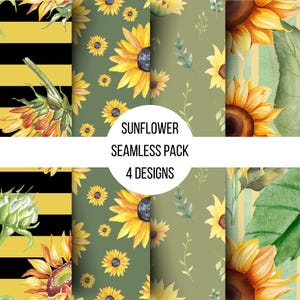 May include: A digital art pack with four seamless sunflower designs. The patterns include yellow sunflowers, green leaves, and black and yellow stripes. The text "SUNFLOWER SEAMLESS PACK 4 DESIGNS" is displayed in a white circle.