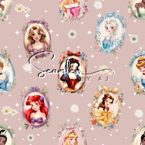 May include: A repeating pattern featuring portraits of animated princesses in ornate oval frames. Each portrait is surrounded by floral arrangements and bows, set against a light pink background with scattered white star shapes. The text "Seamless by AJ" is visible.