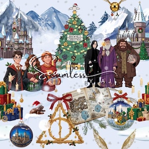 Puede incluir: Ilustración festiva con personajes y elementos de una serie de fantasía. La imagen incluye un árbol de Navidad con el texto "Hogwarts Christmas", una snitch dorada y varios adornos decorativos. El fondo presenta un paisaje nevado y un castillo.