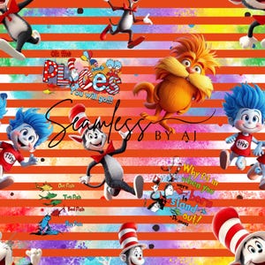 May include: Seamless pattern featuring characters from Dr. Seuss books, including the Cat in the Hat, Thing 1 and Thing 2, and the Lorax. The design includes text elements and colorful stripes in orange, red, and purple.