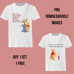 Op de afbeelding: Twee witte T-shirts met Winnie de Poeh-personages. Eén shirt heeft de quote: "Je bent moediger dan je denkt..." Het andere shirt toont Poeh en Knorretje met de tekst: "Wat ben ik gelukkig dat ik iets heb waardoor afscheid nemen zo moeilijk is."