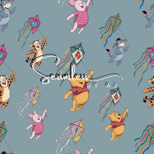 May include: A seamless pattern with Winnie the Pooh, Piglet, Tigger, and Eeyore flying kites on a teal background. The characters are in their classic cartoon style, with colourful kites and a playful design. The text "Seamless by AJ" is in the centre.