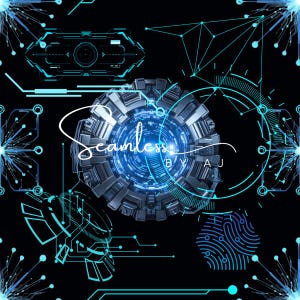 May include: Futuristic digital artwork with a black background. The image features a central, glowing blue sphere surrounded by intricate, geometric designs in shades of blue and teal. The word "Seamless" is written in cursive.
