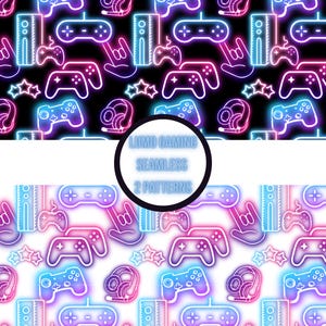 May include: Seamless gaming pattern in neon colors. The design features game controllers, consoles, headphones, and stars. The text "Lumo Gaming Seamless 2 Patterns" is in a circle.