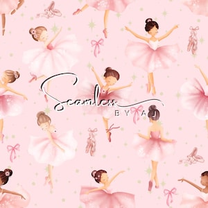 May include: A seamless pattern with illustrations of ballerinas in pink tutus, ballet shoes, and bows on a pale pink backdrop. The text "Seamless by AJ" is also present.