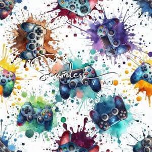 May include: Seamless pattern featuring watercolor-style game controllers in various colors, including blue, red, and green, set against a white background with colorful paint splatters. The text "Seamless BY A.J." is also present.