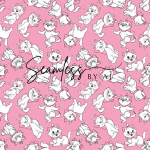 May include: Seamless pattern featuring white cartoon cats with pink bows and collars on a pink background. The cats are in various poses, with the text "Seamless BY AJ" in a cursive font.