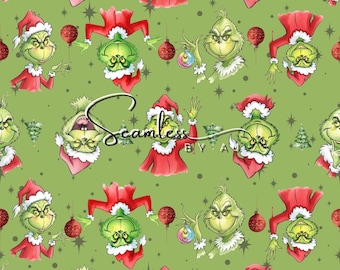 May include: Seamless pattern featuring the Grinch in various poses, wearing a Santa hat and red coat, set against a light green background with Christmas ornaments, stars, and small Christmas trees. The text "Seamless BY A" is also present.