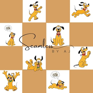 Könnte beinhalten: Ein nahtloses Muster mit Pluto, einem gelben Zeichentrickhund, in verschiedenen Posen. Das Design zeigt Pluto beim Laufen, Sitzen und Denken an Knochen, vor einem Schachbrettmuster aus weißen und braunen Quadraten. Der Text "Seamless BY A J" ist ebenfalls vorhanden.
