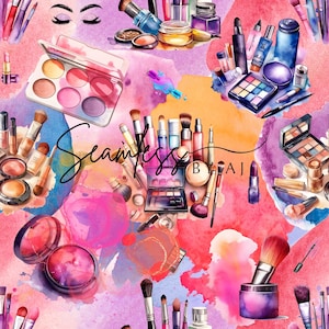 Peut inclure: Un motif sans couture présentant une conception à l'aquarelle de divers produits de maquillage, notamment des pinceaux, des palettes de fards à paupières, des rouges à lèvres et des flacons. Le fond est un mélange de teintes roses, oranges et violettes. Le texte "Seamless by AJ" est visible.