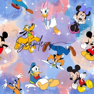 Watercolour splash seamless, magical mouse and friends pattern, sublimation fabric