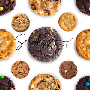 May include: An assortment of freshly baked cookies with various toppings, including chocolate chips, nuts, and colorful candies, arranged on a white background. The text "Seamless by AJ" is written in a cursive font.