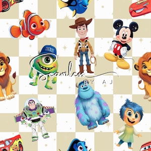 Könnte beinhalten: Ein nahtloses Muster mit verschiedenen animierten Charakteren, darunter Nemo, Woody, Mike Wazowski, Sully, Mickey Mouse und Simba, vor einem hellbraunen und weißen karierten Hintergrund. Der Text "seamless BY A J" ist ebenfalls vorhanden.