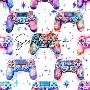 Könnte beinhalten: Nahtloses Muster mit farbenfrohen Gamecontrollern im Aquarellstil in Rosa, Blau und Lila. Das Design umfasst sternförmige Akzente und den Text "Seamless BY AJ" auf weißem Hintergrund.