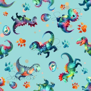 Könnte beinhalten: Ein nahtloses Muster mit bunten Cartoon-Dinosauriern in verschiedenen Posen, darunter T-Rex und Brontosaurus, mit Dinosaurier-Eiern und Pfotenabdrücken auf hellblauem Hintergrund. Die Dinosaurier sind in Blau-, Grün-, Rot- und Lilatönen gehalten.