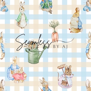 May include: A seamless pattern featuring Peter Rabbit characters on a blue and cream gingham background. The pattern includes Peter Rabbit holding a book, a rabbit with a watering can, a rabbit with carrots, and a rabbit with a broom.
