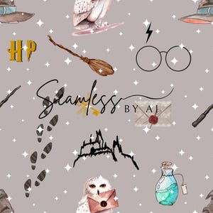 May include: A seamless pattern featuring various Harry Potter themed illustrations on a light gray background. The pattern includes a Hogwarts castle, a golden snitch, a broom, a pair of glasses, a letter with a wax seal, a potion bottle, a snowy owl, and footprints.
