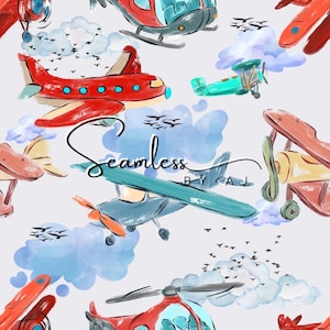 Pode incluir: Padrão sem costura com ilustrações de aviões e helicópteros em vermelho, azul e amarelo. O design inclui nuvens e bandos de pássaros, com o texto "Seamless BY A J" em escrita cursiva.