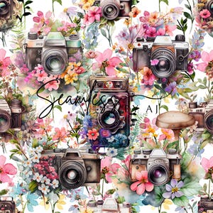 May include: Seamless pattern featuring vintage cameras and colorful flowers in shades of pink, yellow, and blue. The cameras are in various styles and colors, set against a white background. The word "Seamless" is written in black script.