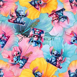 May include: A vibrant pattern featuring cartoon characters Stitch and Angel, set against a backdrop of large, colorful hibiscus flowers in shades of pink, blue, and yellow. The text "Scamggy by AJ" is visible.